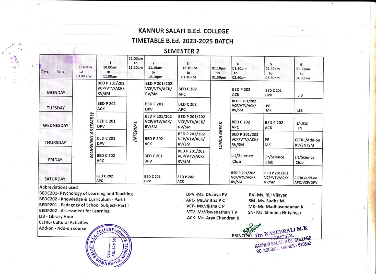 Class Schedule (Time Table) KANNUR SALAFI B.Ed. COLLEGE